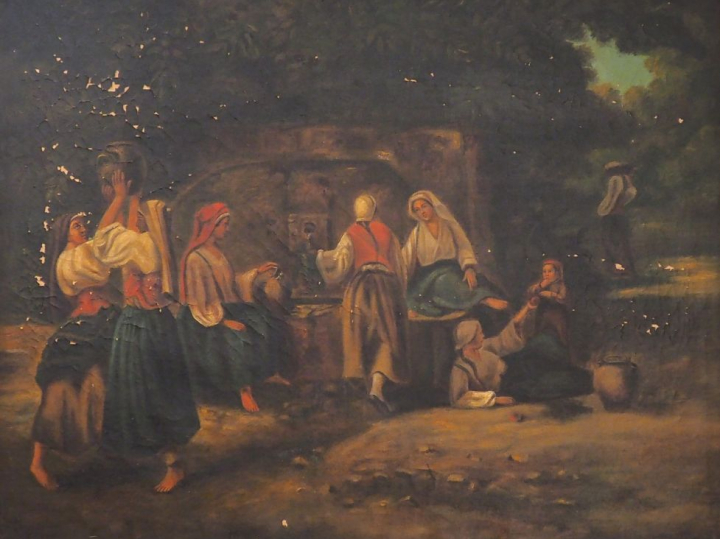 Ecole française XIXème.  "Les femmes au puits". Huile sur toile (mauva