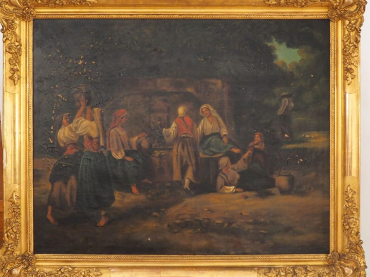 Ecole française XIXème.  "Les femmes au puits". Huile sur toile (mauva