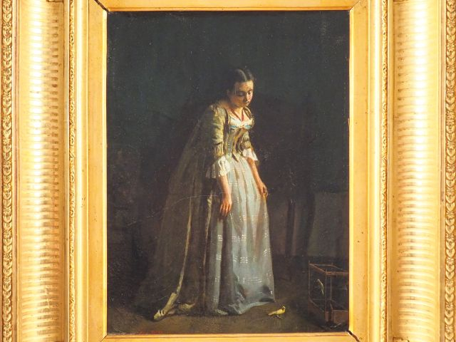	Paul BILLOU.  "Jeune fille et ses oiseaux" Huile sur toile, signée en