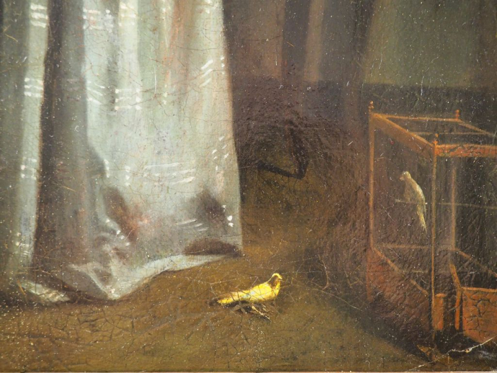 	Paul BILLOU.  "Jeune fille et ses oiseaux" Huile sur toile, signée en