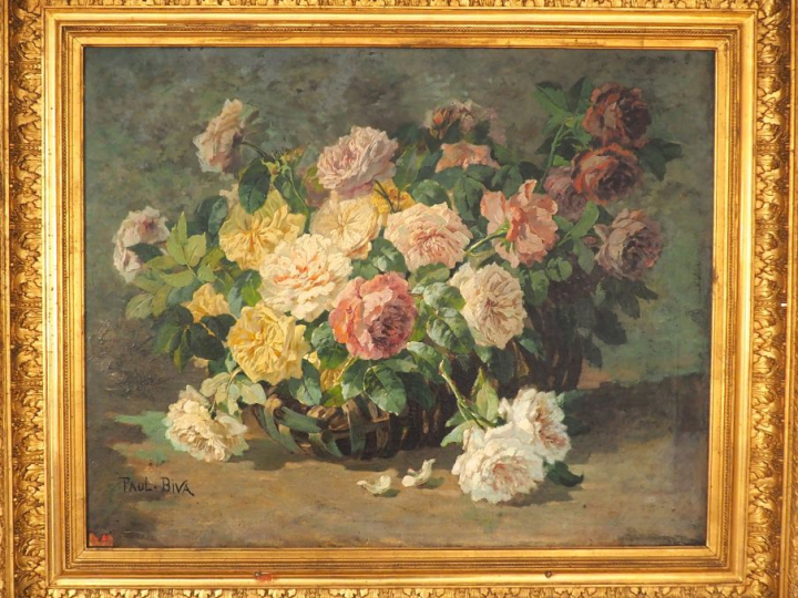 Paul BIVA.  "La corbeille de roses". Huile sur toile, signée en bas à 