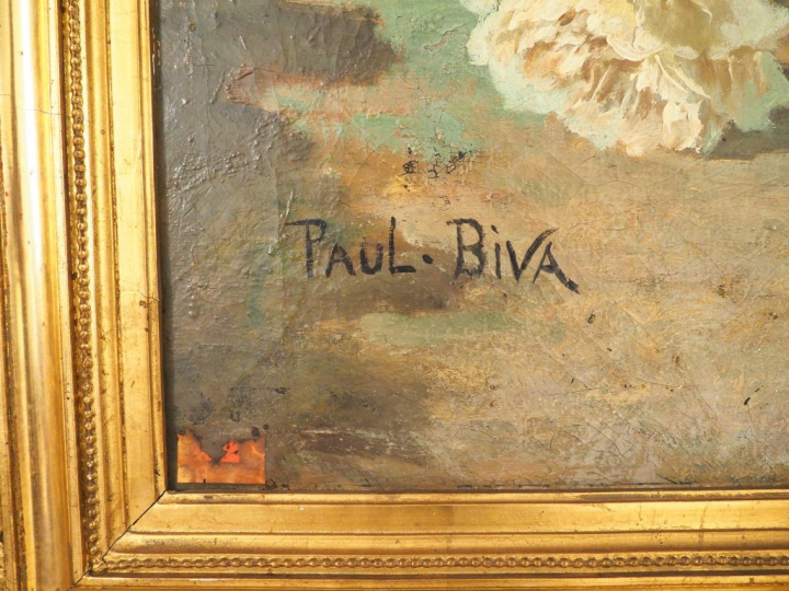 Paul BIVA.  "La corbeille de roses". Huile sur toile, signée en bas à 
