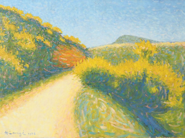 Achille LAUGE. "Chemin bordé de genêts". Huile sur toile, signée en ba
