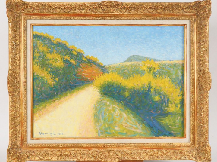 Achille LAUGE. "Chemin bordé de genêts". Huile sur toile, signée en ba