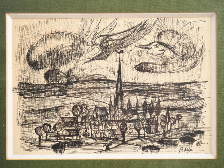 RAYA. "Vue de village' Encre signée en bas à droite et datée 1967. Dim