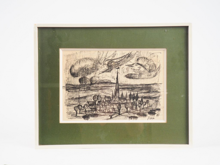 RAYA. "Vue de village' Encre signée en bas à droite et datée 1967. Dim
