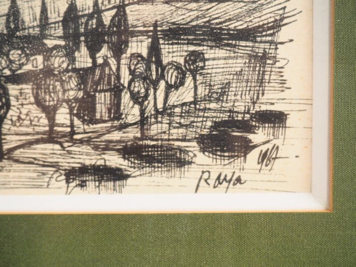RAYA. "Vue de village' Encre signée en bas à droite et datée 1967. Dim