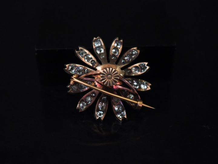 Broche XIXème en or jaune et argent en forme de fleur épanouie sertie 