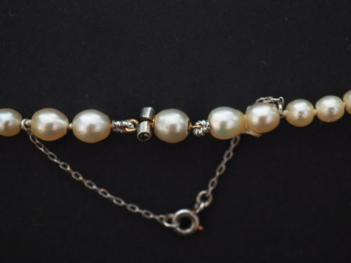 Collier de 78 perles fines disposées en chute. Fermoir orné d’une perl