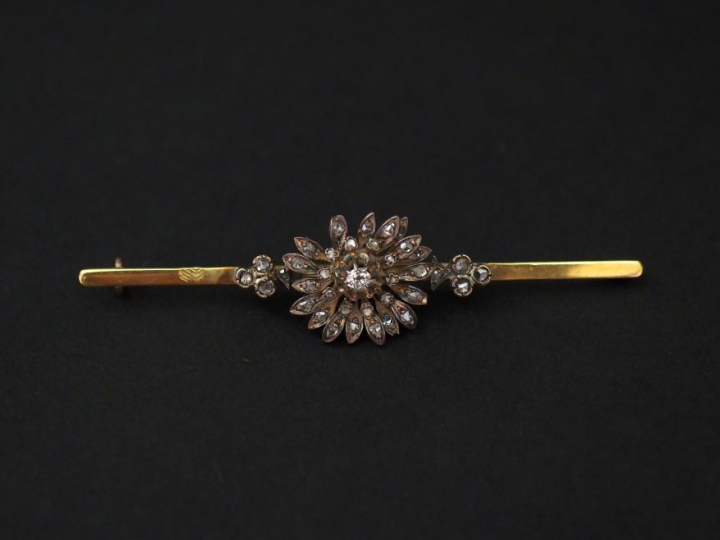 Broche barrette en or jaune et argent, à décor en son centre d'un moti