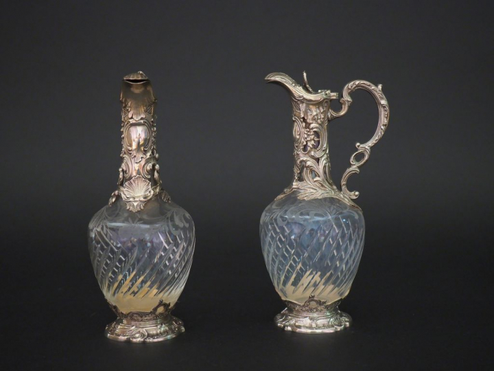 	Paire d’aiguières Napoléon III de style rocaille en argent et cristal