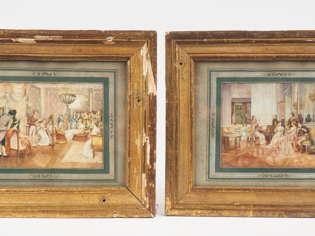 Ecole française XIXème.  "Salon de musique" Paire de gouaches.  Dim. 1