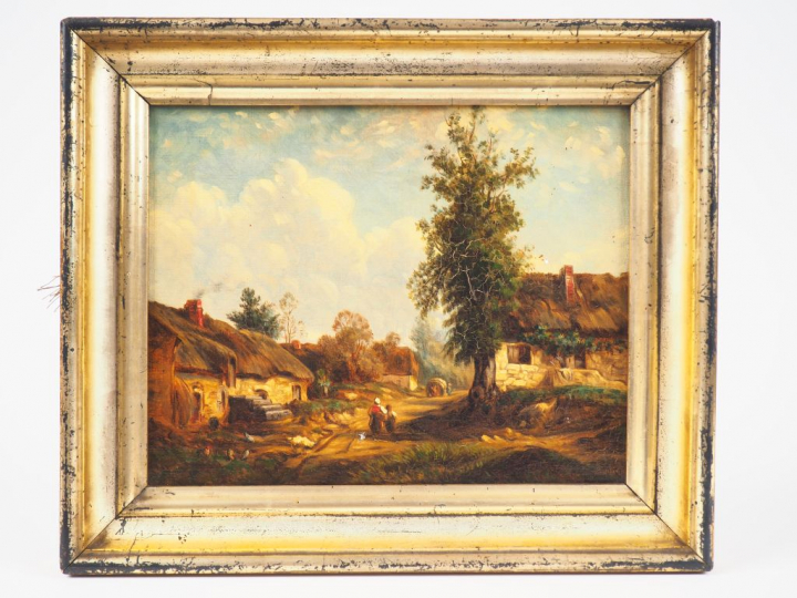 Ecole française XIXème. "Enfant près d’une chaumière". Huile sur toile
