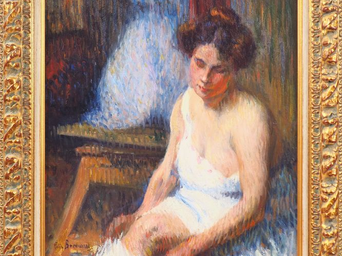 Ecole française XXème. "Le modèle" Huile sur toile, signée en bas à dr