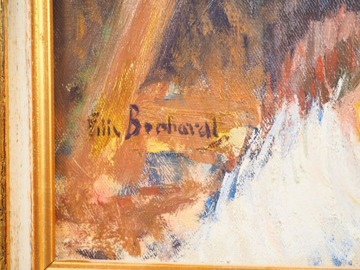 Ecole française XXème. "Le modèle" Huile sur toile, signée en bas à dr