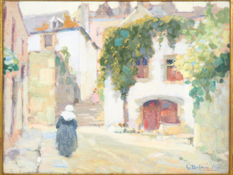 Vente aux enchères G. BEFANI. "Village animé en Bretagne" Huile sur panneau, signée en ba