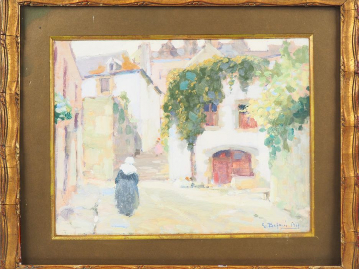 G. BEFANI. "Village animé en Bretagne" Huile sur panneau, signée en ba