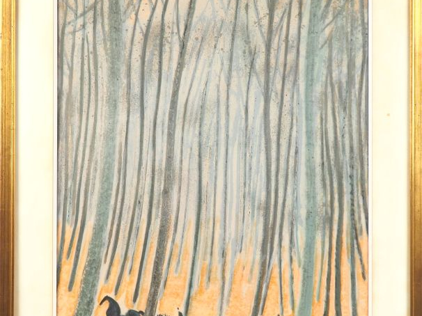 André BRASILIER.  "Cavaliers dans la forêt". Lithographie signée en ba