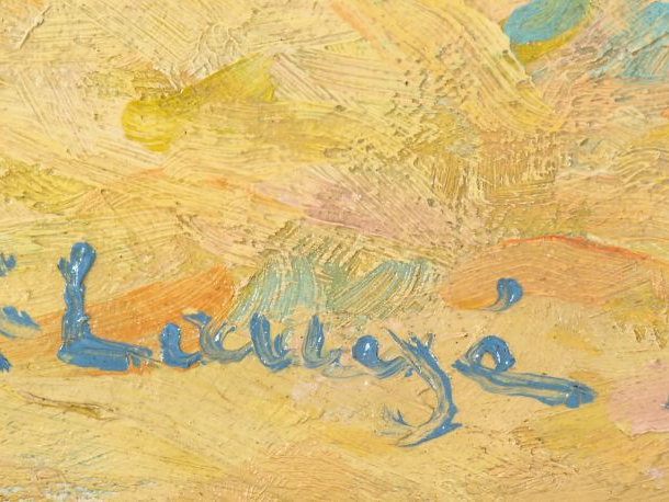 A. LAUGE. "Meules près de Cailhau" Huile sur toile, signée en bas à dr