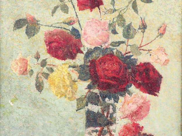 A. LAUGE.  "Bouquet de roses" Huile sur toile. Signée en bas à droite.