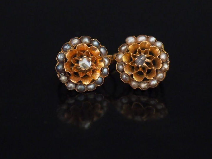 Paire de perce-oreilles Napoléon III en or jaune, à décor de fleur ser