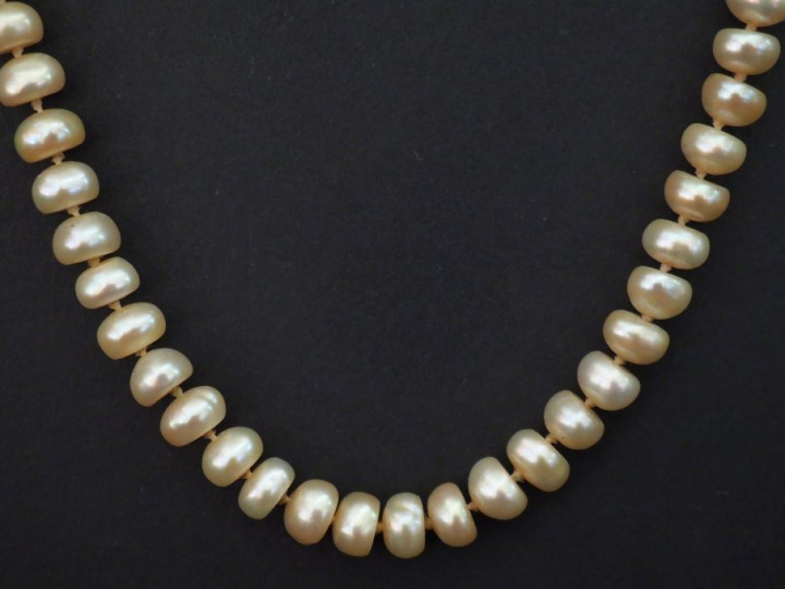 Collier de perles d'eau douce plates. Le collier est agrémenté de dix 