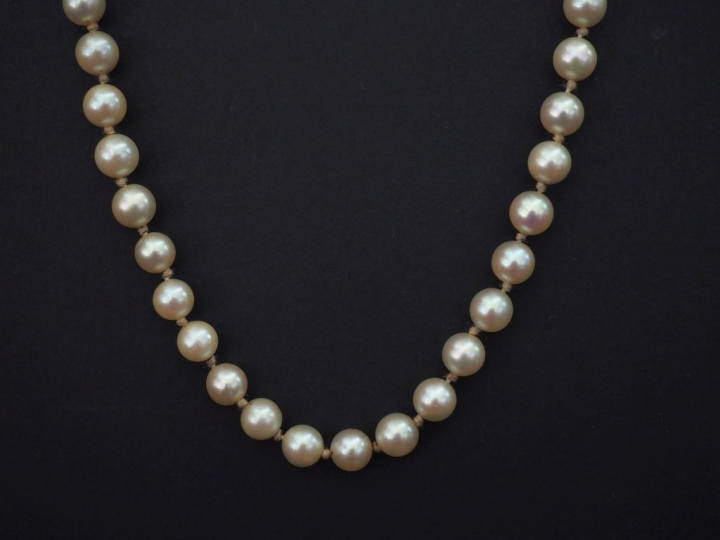 Sautoir en perles de culture blanches.  Fermoir en or jaune.  Chainett