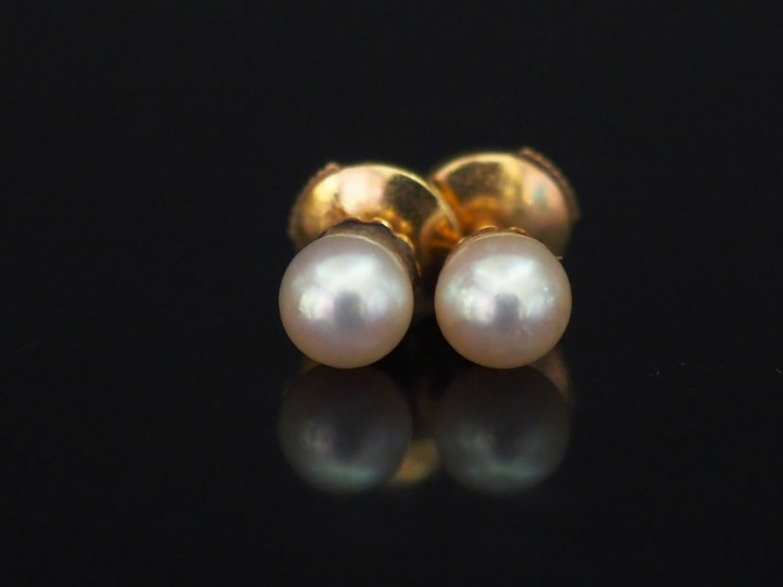 Paire de puces d'oreilles en or jaune, serties d'une perle blanche.  F