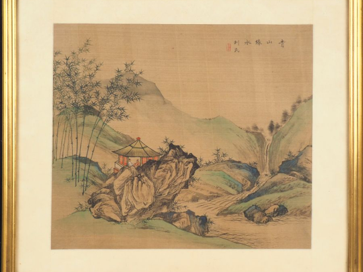 Ecole chinoise XXème "paysage animé à la cascade et à la pagode" Peint