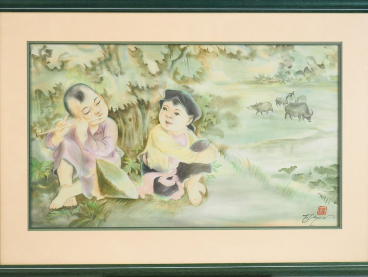 TU DUYEN."Enfant jouant de la flûte devant une jeune fille dans un pay