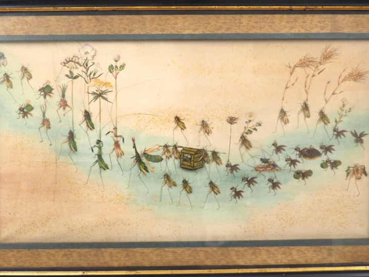 Composition figurant des criquets, des mantes religieuses et des abeil