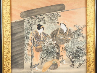 Vente aux enchères Panneau peint et collage de soie (technique mixte) figurant les métier