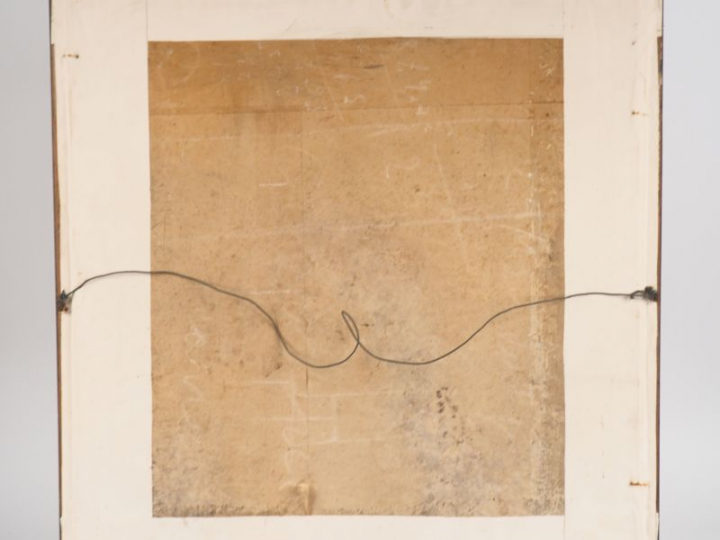 Panneau peint et collage de soie (technique mixte) figurant les métier