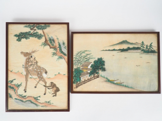 Vente aux enchères 2 peintures sur papier figurant "Karako sur un daim tenu en laisse par