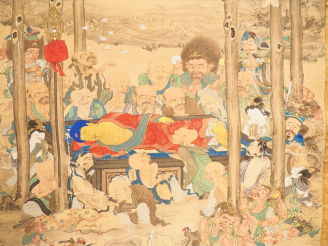Vente aux enchères Peinture sur soie montée en kakémono représentant le bouddha en attitu