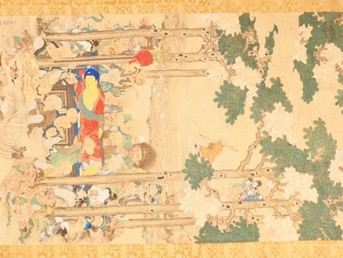 Peinture sur soie montée en kakémono représentant le bouddha en attitu
