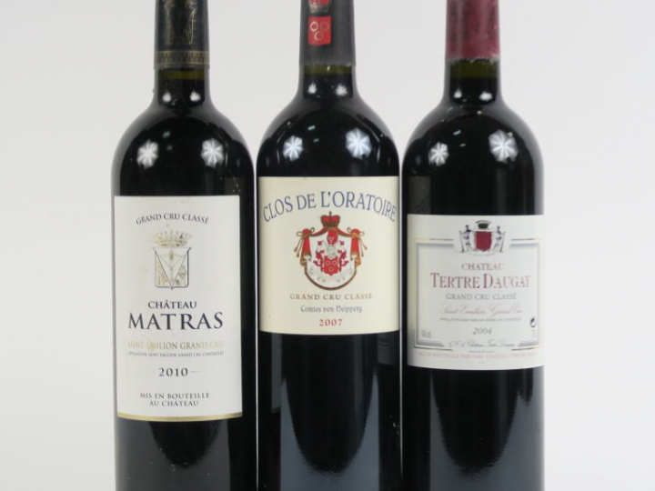 3 BOUTEILLES GCC ST EMILION : 1 CLOS DE L'ORATOIRE 2007 - 1 CHÂTEAU MA