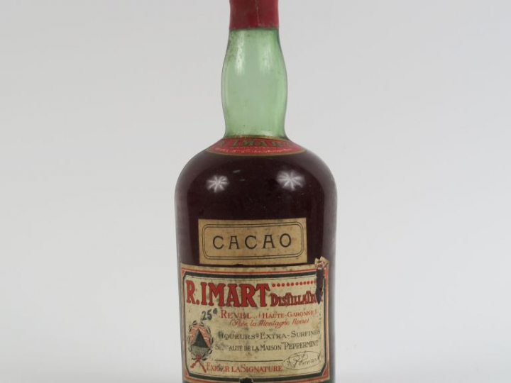 1 VIEILLE BOUTEILLE LIQUEUR CACAO R. IMART 25° - CAPSULE ÉTAIN