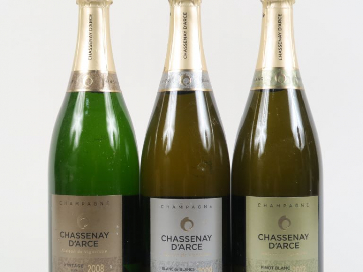3 BOUTEILLES CHAMPAGNE CHASSENAY D'ARCE : 1 VINTAGE 2008 - 1 BLANC DE 