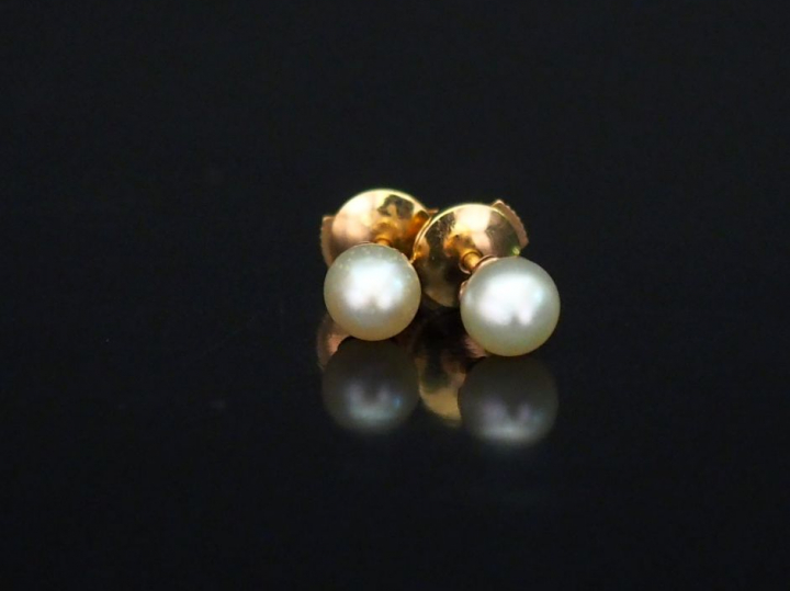 Paire de puces d'oreilles en or jaune, serties d'une perle blanche bar