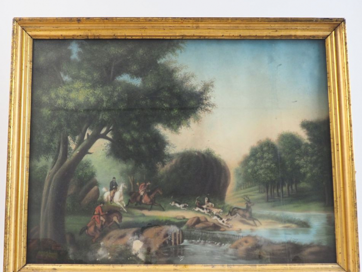 Ecole française XIXème. "Scène de chasse à courre". Pastel.  Dim. 67 x