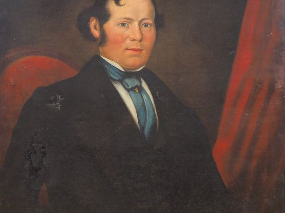 Ecole française XIXème.  "Portrait d'homme à la lavallière bleue". Hui