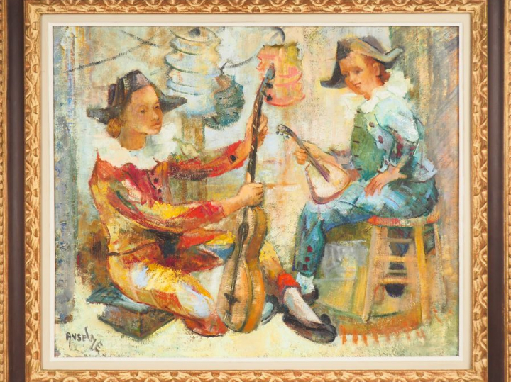 ANSELME. "Arlequins musiciens". Huile sur toile, signée en bas à gauch