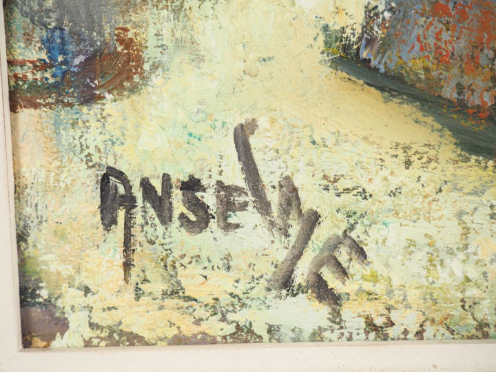 ANSELME. "Arlequins musiciens". Huile sur toile, signée en bas à gauch