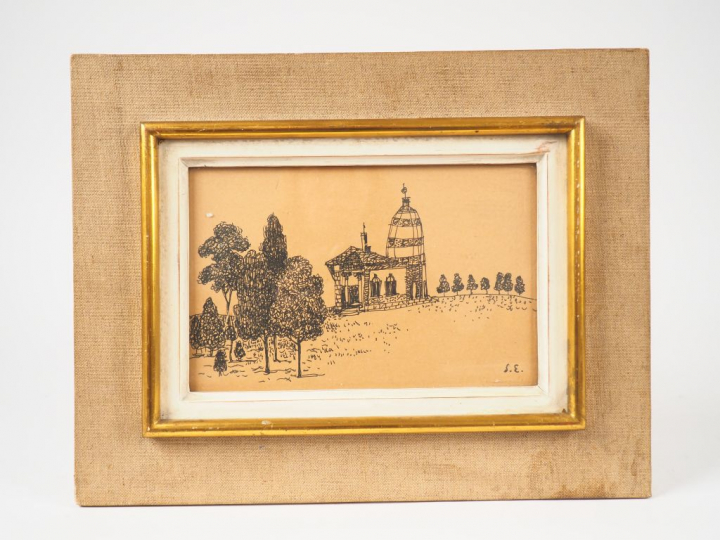 Stanislas ELESZKIEVICZ. "Eglise dans la campagne". Dessin au crayon, s