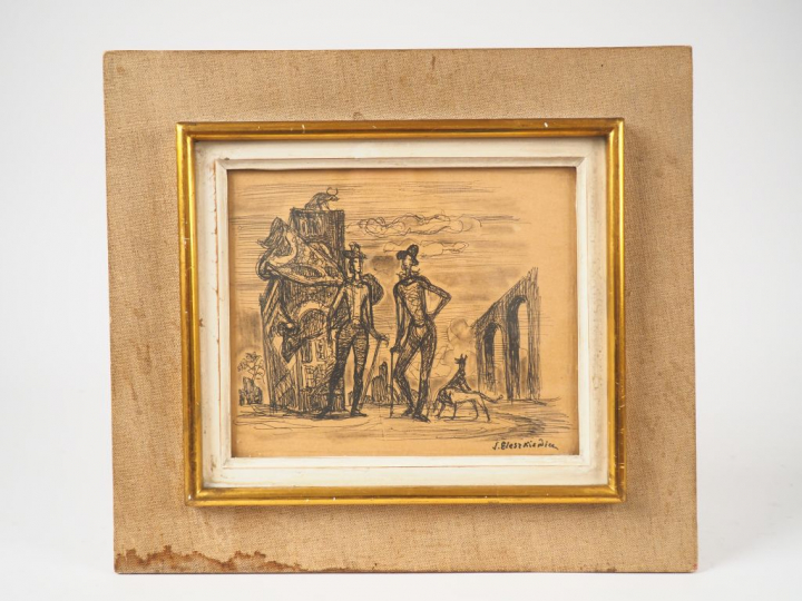 Stanislas ELESZKIEVICZ. "couple d'élégants". Dessin au crayon, signé e