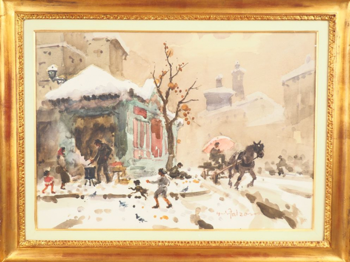Giulio FALZONI. "Place de Milan en hiver". Aquarelle, signée en bas à 