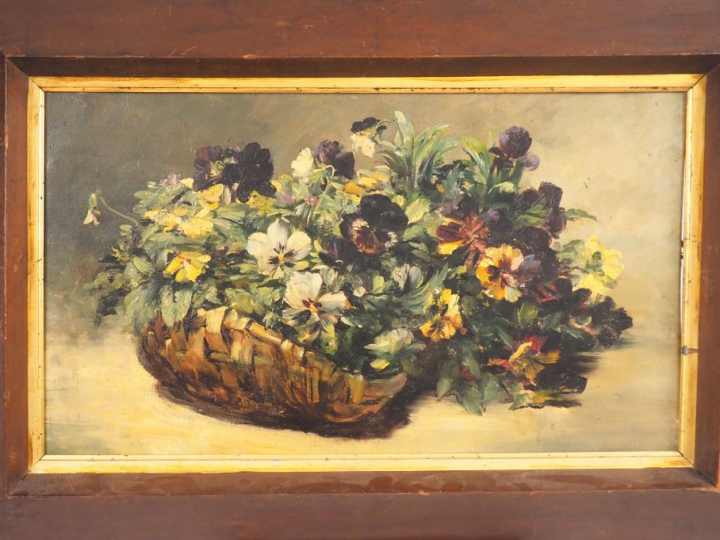 Victor LAINE. "Le panier de fleurs". Huile sur toile, signée au dos. D