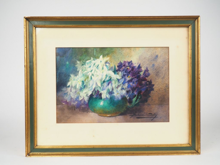 Blanche ODIN. "Bouquet de violettes". Aquarelle signée en bas à droite