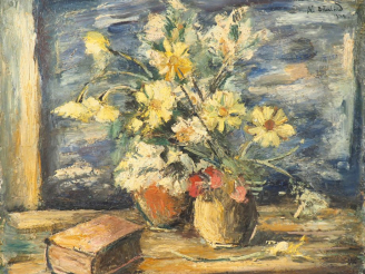 Vente aux enchères Anders OSTERLIND. "Nature morte au livre et aux fleurs". Huile sur toi